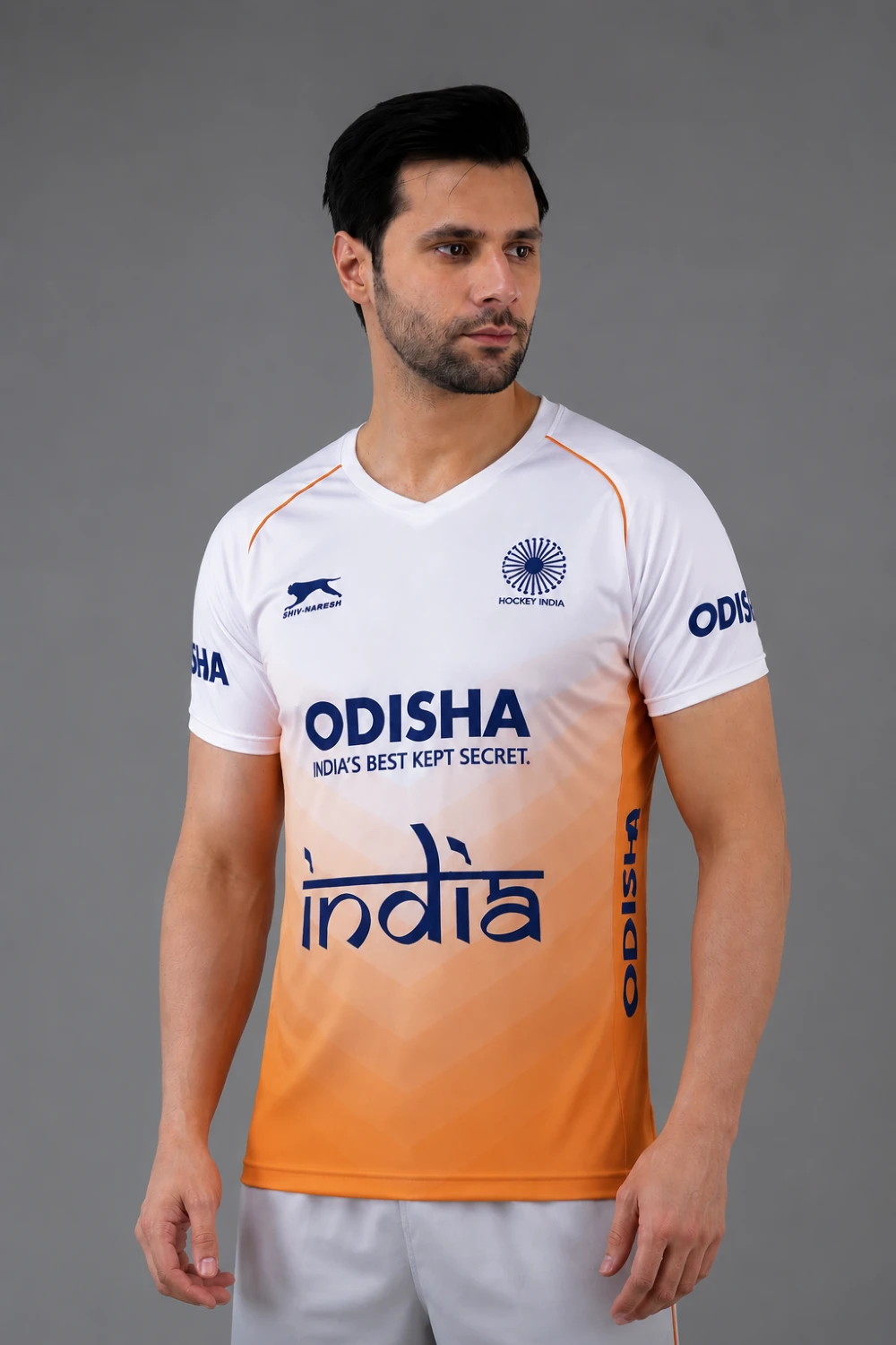 India Hockey Jersey White Orange by Shiv Naresh