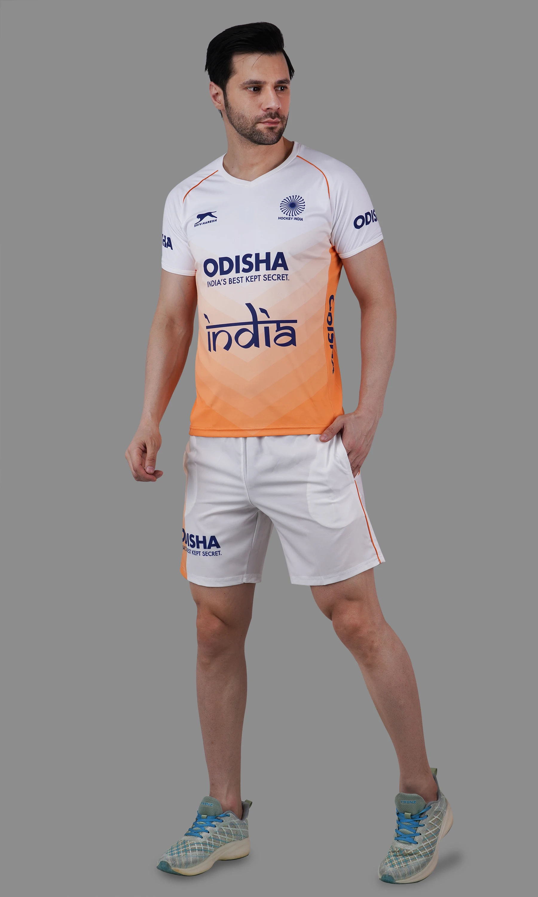 India Hockey Jersey White Orange by Shiv Naresh