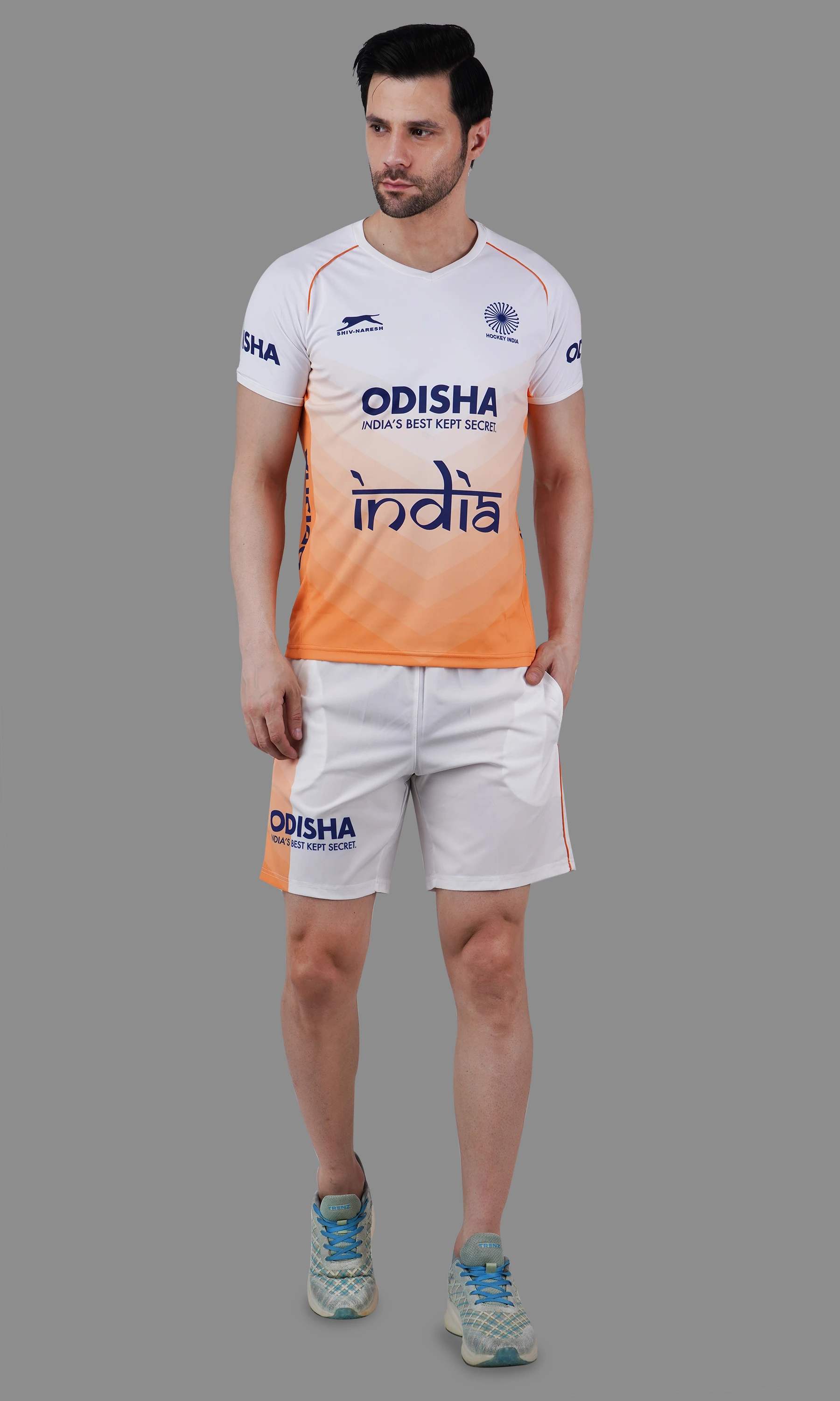 India Hockey Jersey White Orange by Shiv Naresh